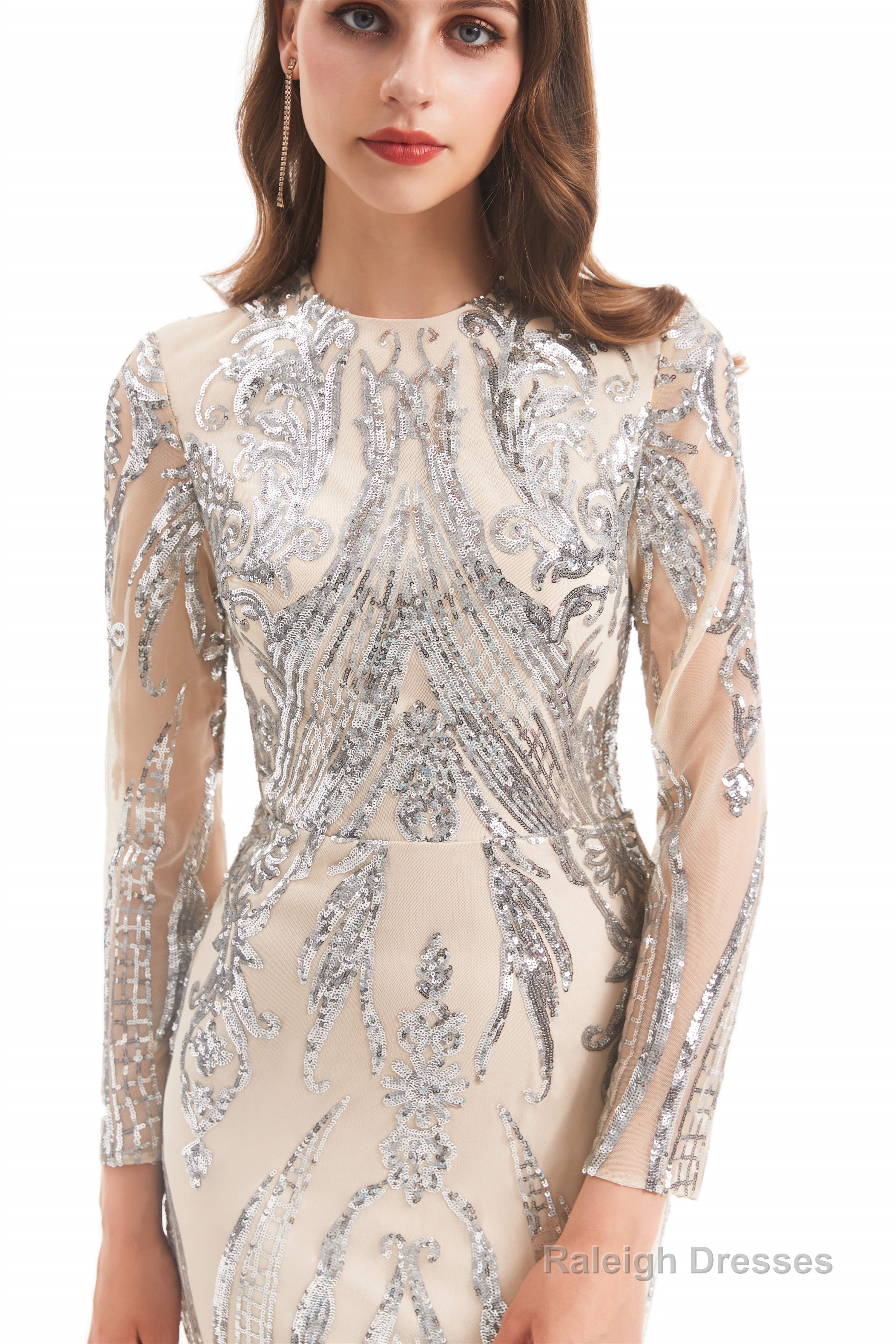 Long Sleeves Mermaid Detachable Train Prom Dresses with Train Sequined