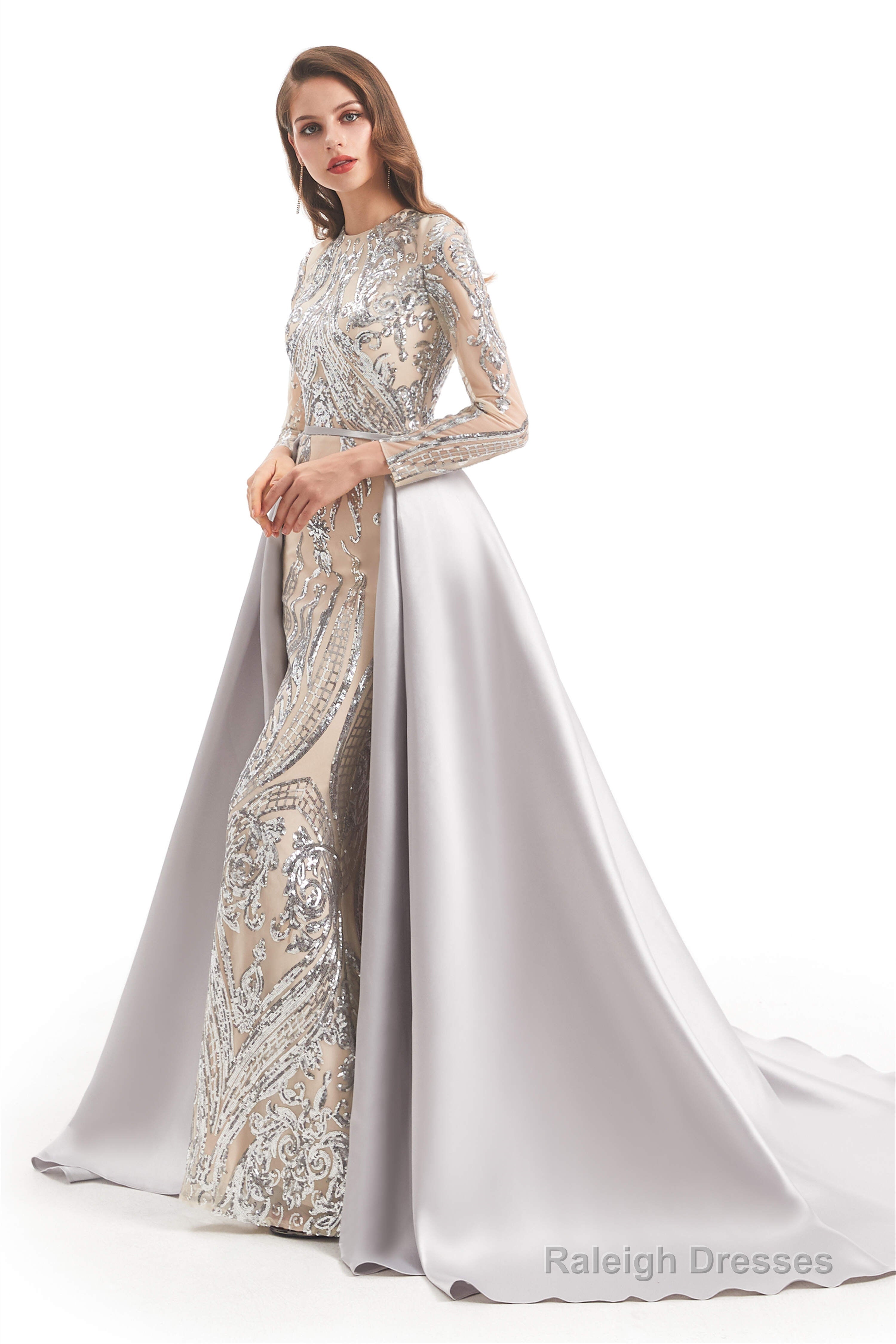 Long Sleeves Mermaid Detachable Train Prom Dresses with Train Sequined