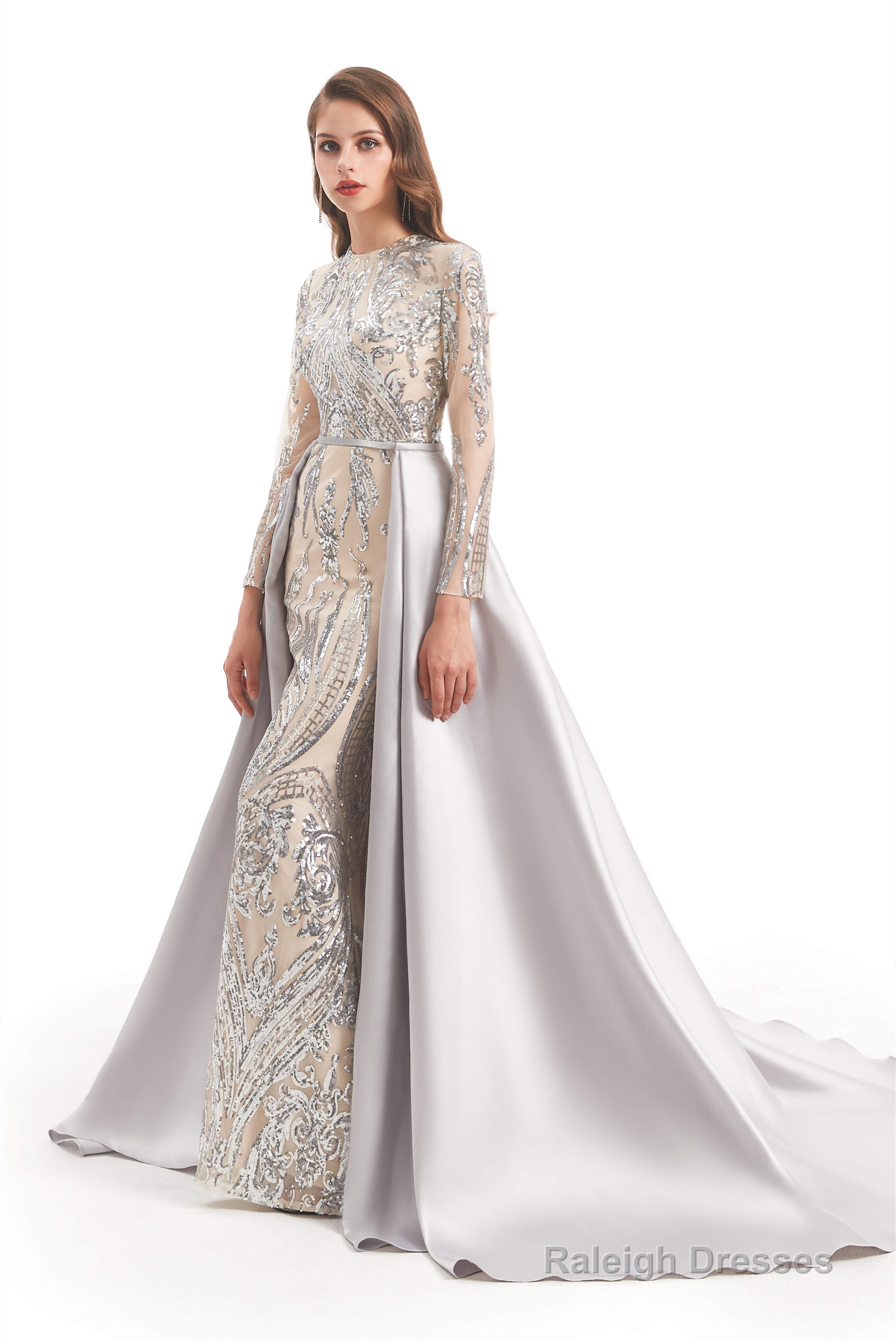 Long Sleeves Mermaid Detachable Train Prom Dresses with Train Sequined