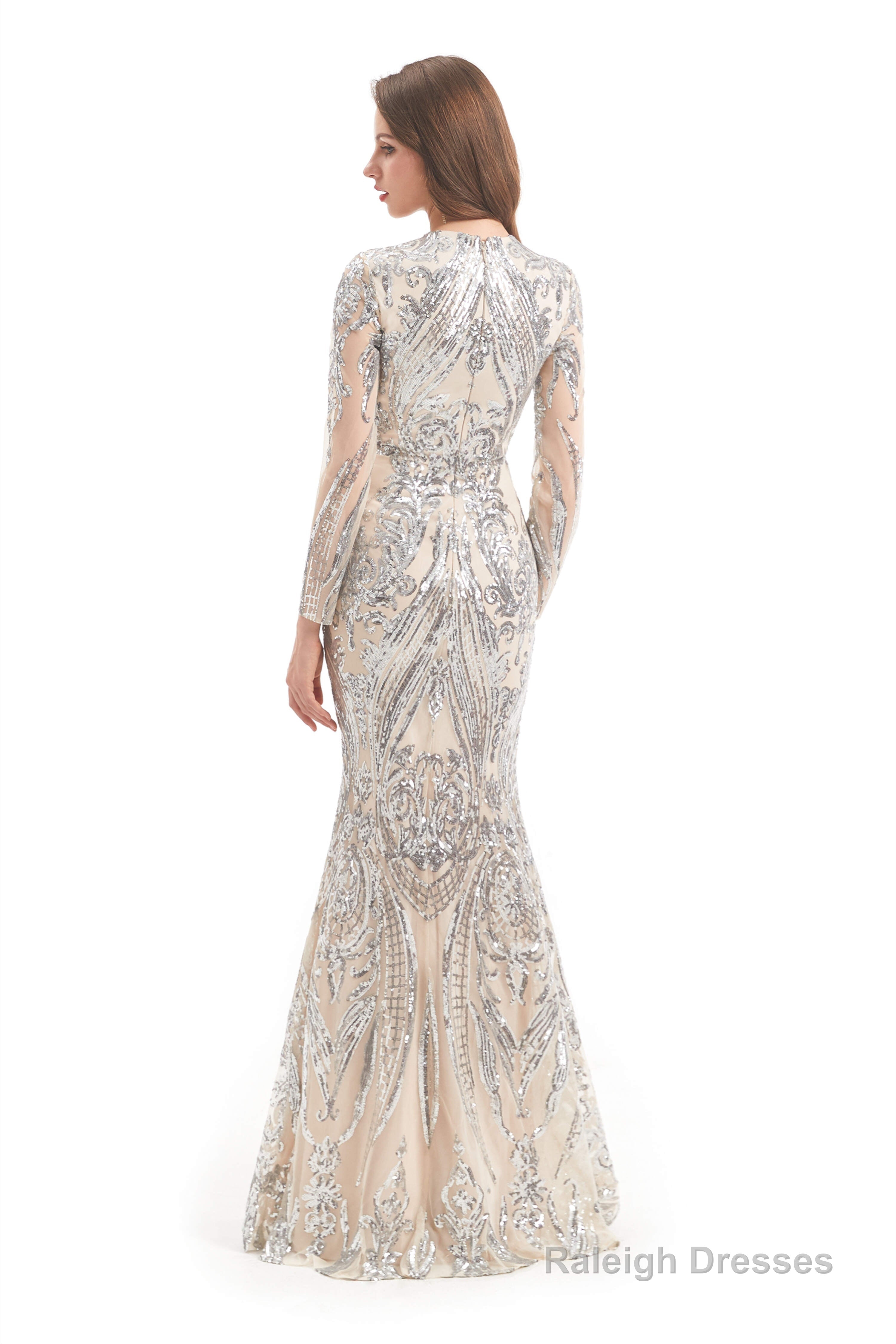 Long Sleeves Mermaid Detachable Train Prom Dresses with Train Sequined