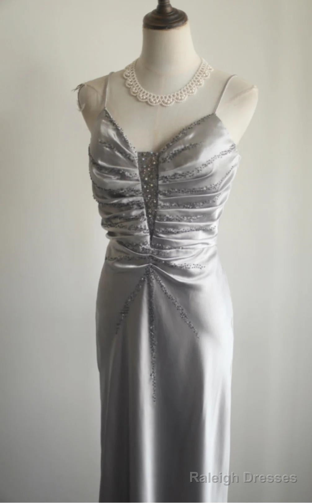 Silver Meimaid Satin Spaghetti Straps Beaded Long Prom Dress Sweetheart Neckline Formal Evening Dress Secondary image