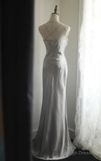 Silver Meimaid Satin Spaghetti Straps Beaded Long Prom Dress Sweetheart Neckline Formal Evening Dress