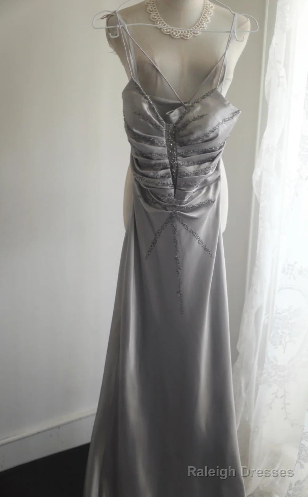 Silver Meimaid Satin Spaghetti Straps Beaded Long Prom Dress Sweetheart Neckline Formal Evening Dress