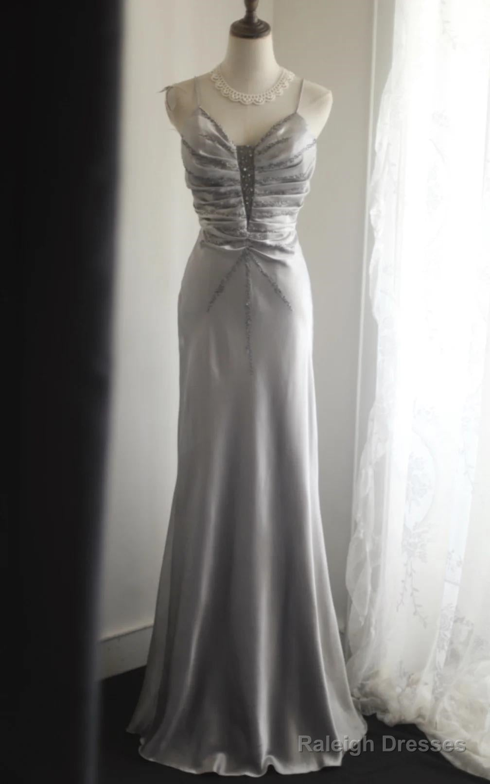 Silver Meimaid Satin Spaghetti Straps Beaded Long Prom Dress Sweetheart Neckline Formal Evening Dress Main image