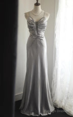 Silver Meimaid Satin Spaghetti Straps Beaded Long Prom Dress Sweetheart Neckline Formal Evening Dress