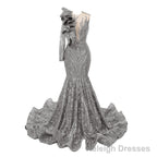 Silver Mermaid One Sleeve Prom Dresses Sequined Lace Jewel Ruffles Evening Party Dress with Appliques