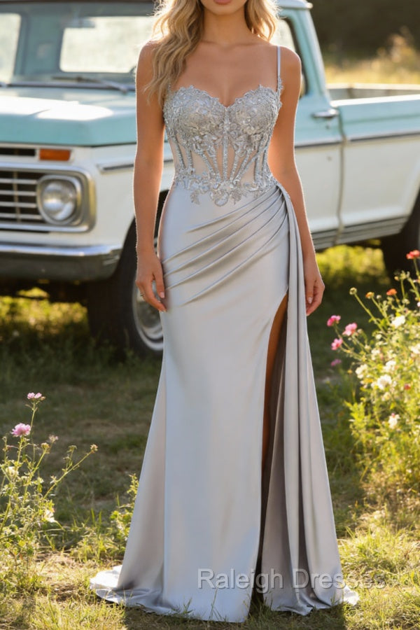 Silver Mermaid Pleated Sheer Long Corset Satin Prom Dresses With Slit