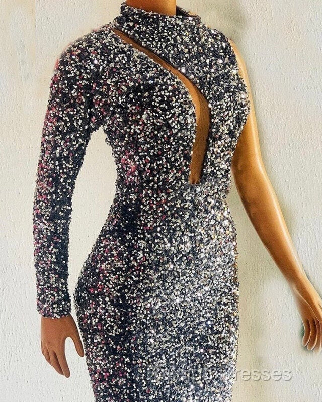 Silver Mermaid Sequin Prom Dress One Shoulder
