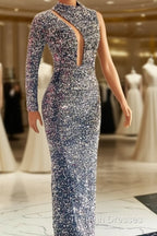 Silver Mermaid Sequin Prom Dresses One Shoulder