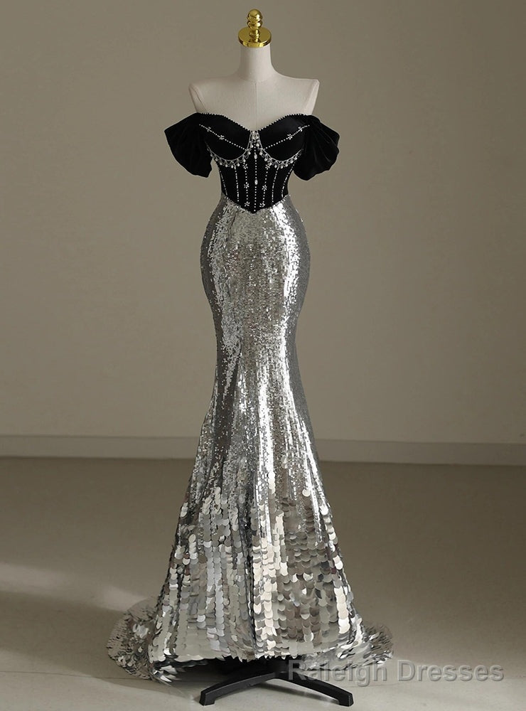 Silver Mermaid Sequins Off the Shoulder Beading Prom Dress Main image