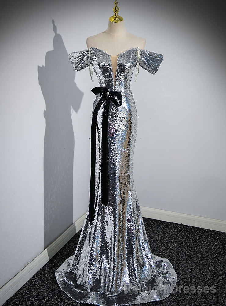 Silver Mermaid Sequins Off the Shoulder Bow Prom Dress Main image