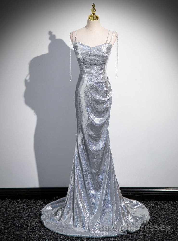 Silver Mermaid Sequins Spaghetti Straps Pleats Prom Dress Main image