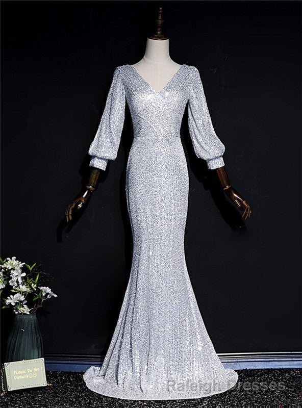 Silver Mermaid Sequins V-neck Long Sleeve Prom Dress Main image