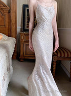 Silver Mermaid Spaghetti Strap Sequin Prom Dress Shimmer Evening Gown