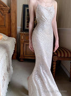 Silver Mermaid Spaghetti Strap Sequin Prom Dresses Shimmer Prom Gowns