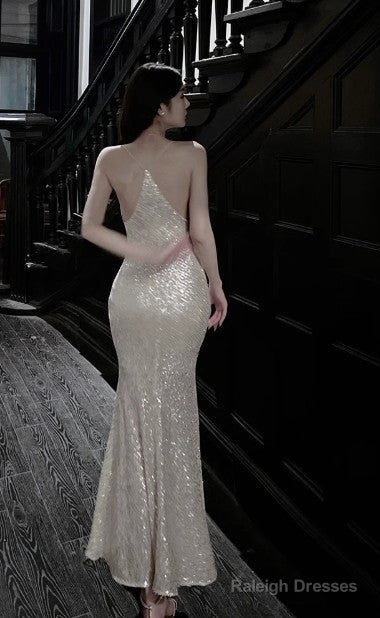 Silver Mermaid Spaghetti Strap Sequin Prom Dress Shimmer Evening Gown