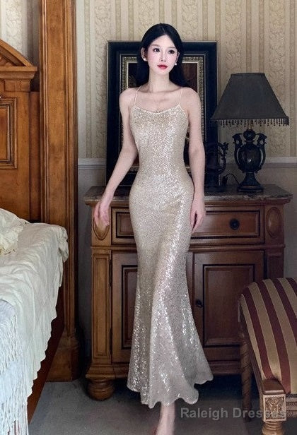 Silver Mermaid Spaghetti Strap Sequin Prom Dress Shimmer Evening Gown