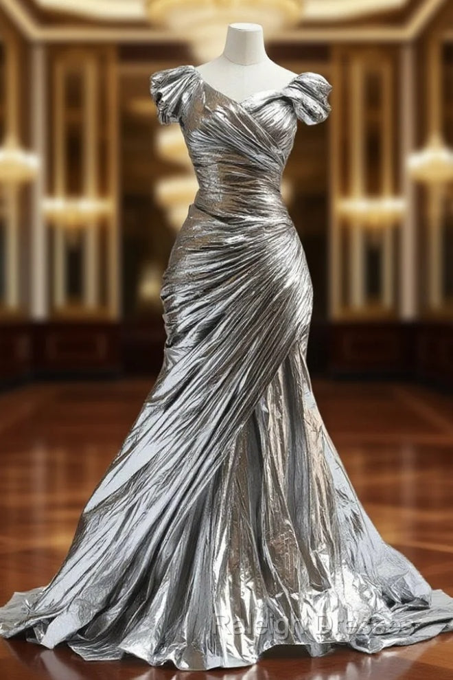 Silver Mermaid V-Neck Prom Dresses Long Simple Simple Prom Dresses