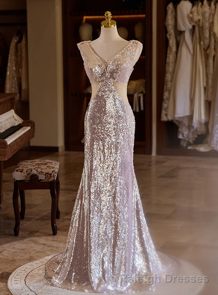 Silver Mermaid V Neck Sequins Prom Dress