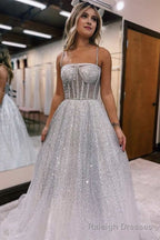 Silver Ombre Sequins Princess Straps A Line Prom Gowns