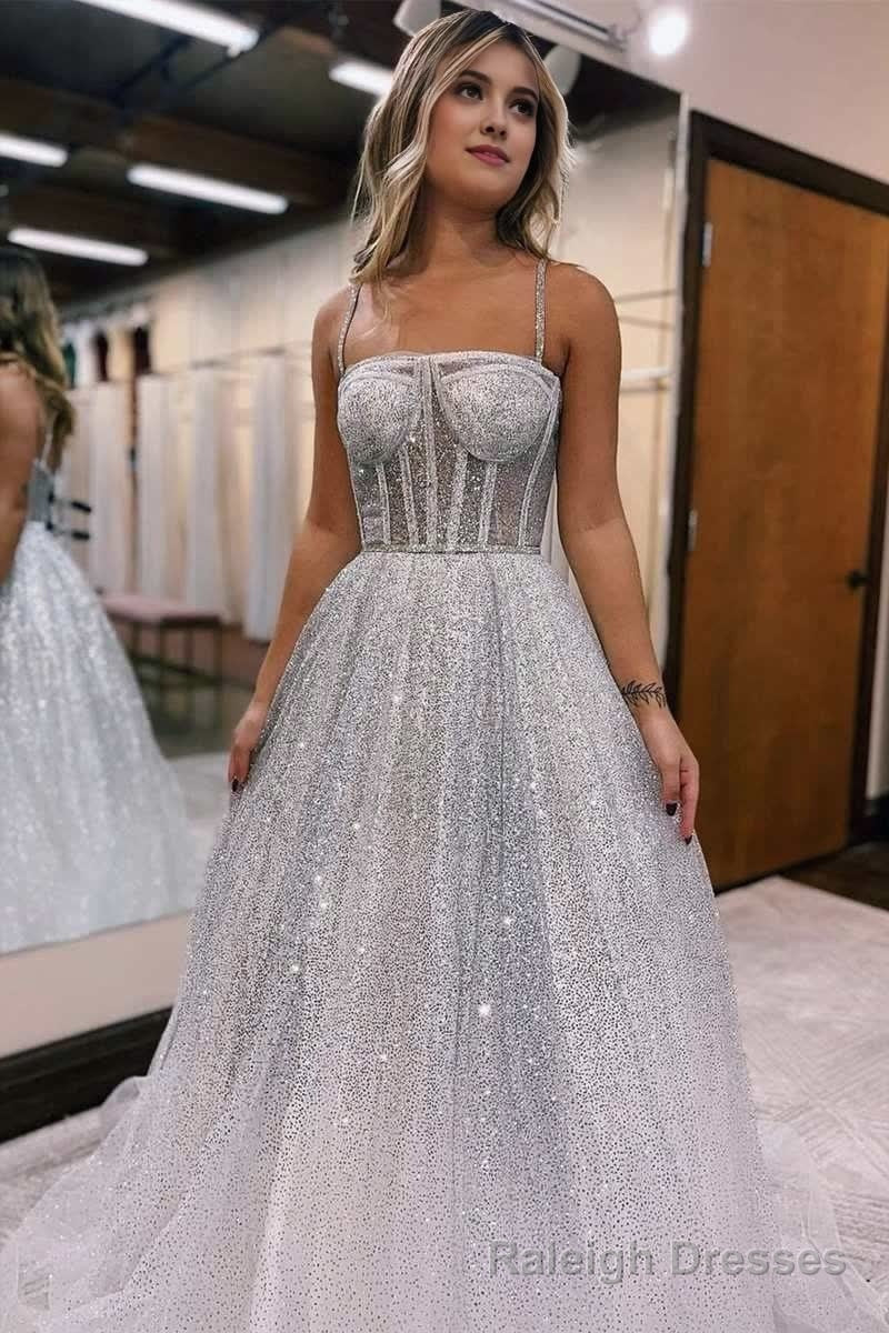Silver Ombre Sequins Princess Straps A Line Prom Gowns