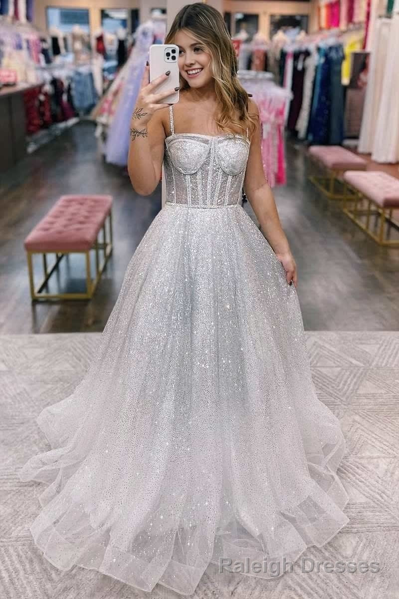 Silver Ombre Sequins Princess Straps A Line Prom Gowns