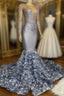 Silver Rosette Long Sleeve Mermaid Prom Dress