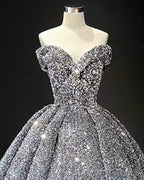 Silver Sequin Ball Gown Off The Shoulder