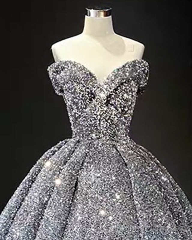 Silver Sequin Ball Gown Off The Shoulder