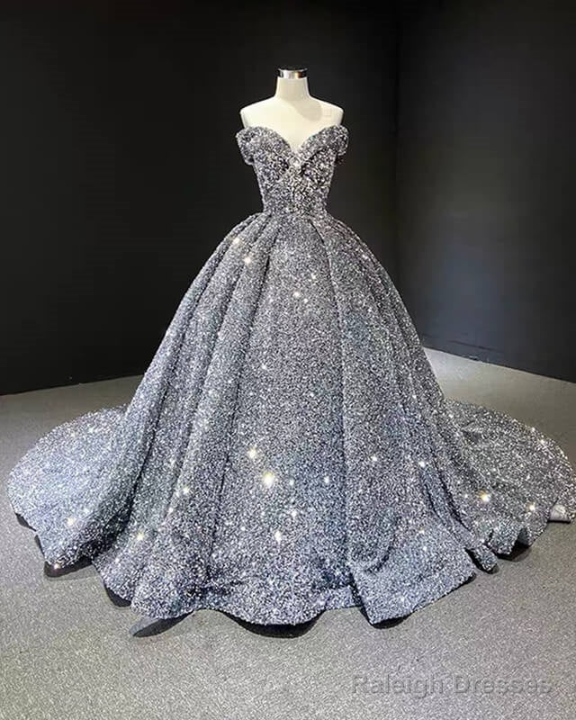 Silver Sequin Ball Gown Off The Shoulder Main image