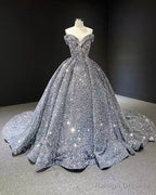Silver Sequin Ball Gown Off The Shoulder