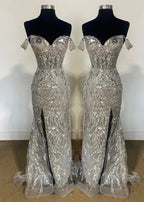 Silver Sequin Lace Off the Shoulder Mermaid Prom Dress