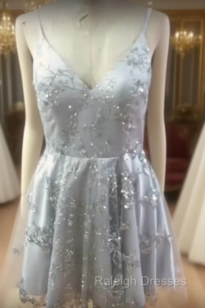 Silver Sequin Lace V Neck Tulle Homecoming Dresses Short Prom Gowns Main image