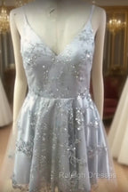 Silver Sequin Lace V Neck Tulle Homecoming Dresses Short Prom Gowns