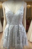 Silver Sequin Lace V Neck Tulle Homecoming Dresses Short Prom Gowns