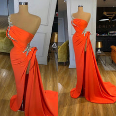 Silver Sequined One-shoulder Orange High-split Prom Dress