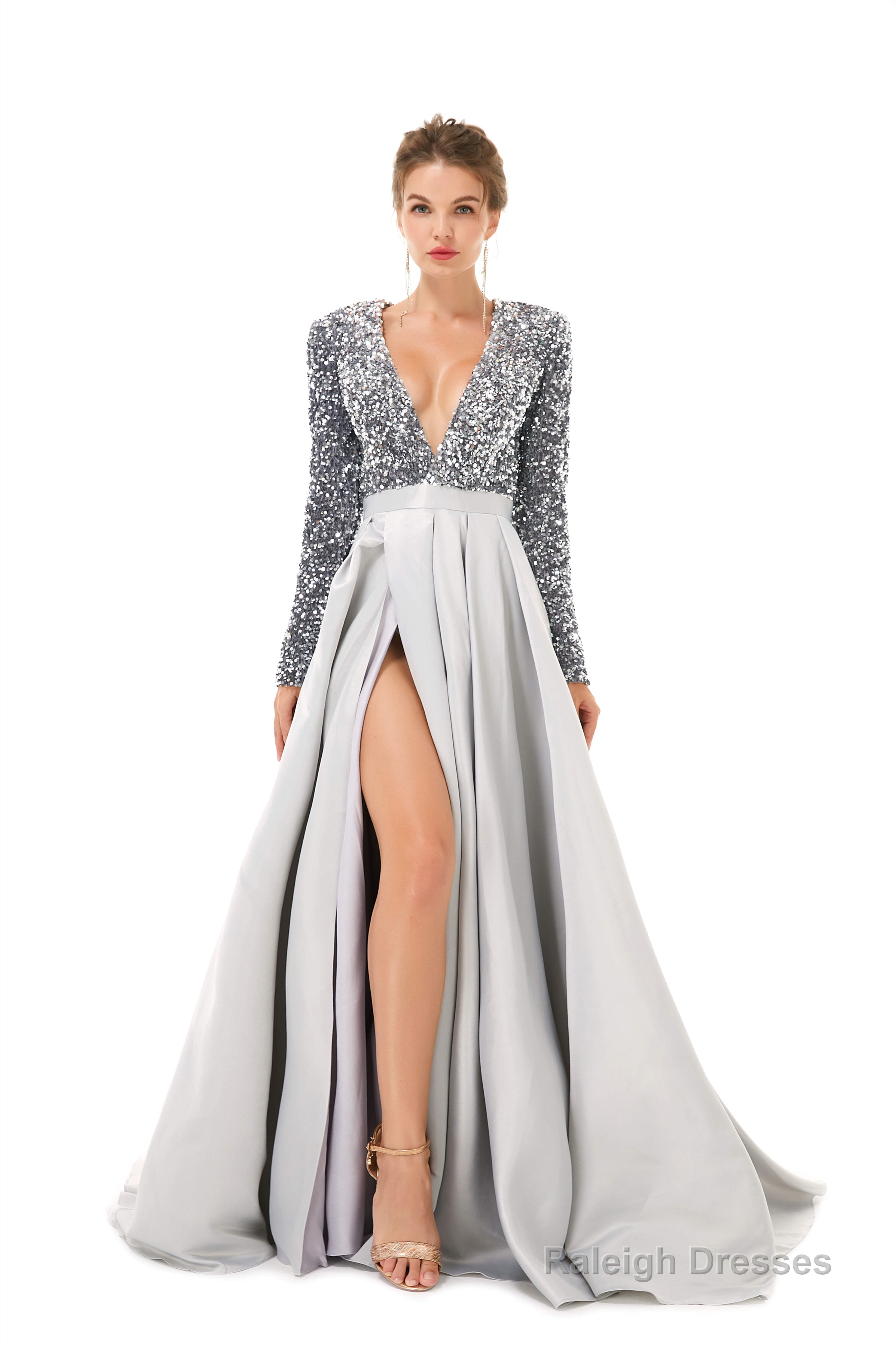 Sequined Satin A Line Front Slit V Neck Full Sleeve Sweep Train Long Prom Dresses
