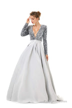 Sequined Satin A Line Front Slit V Neck Full Sleeve Sweep Train Long Prom Dresses