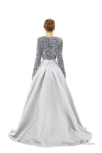 Sequined Satin A Line Front Slit V Neck Full Sleeve Sweep Train Long Prom Dresses