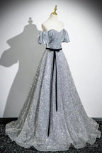Silver Sequins Floor Length Short Sleeve Prom Dress, Sparkly A-Line Off The Shoulder Party Dress