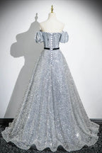 Silver Sequins Floor Length Short Sleeve Prom Dress, Sparkly A-Line Off The Shoulder Party Dress