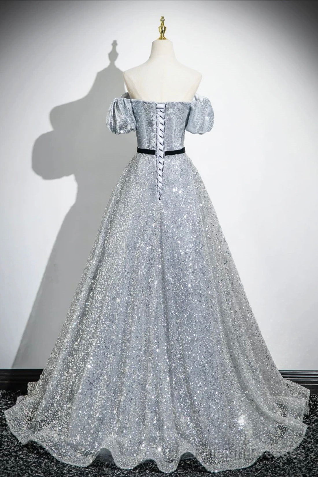 Silver Sequins Floor Length Short Sleeve Prom Dress, Sparkly A-Line Off The Shoulder Party Dress