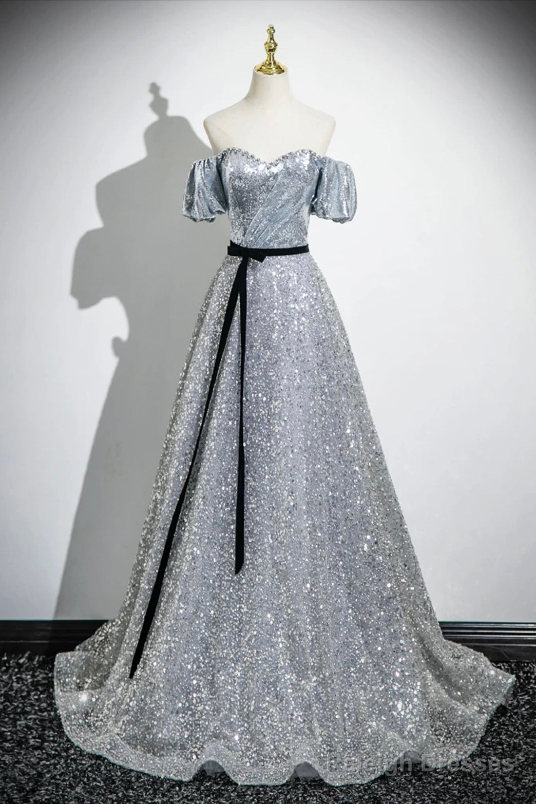 Silver Sequins Floor Length Short Sleeve Prom Dress, Sparkly A-Line Off The Shoulder Party Dress