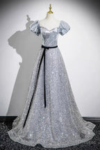 Silver Sequins Floor Length Short Sleeve Prom Dresses Sparkly A-Line Off The Shoulder Prom Dresses