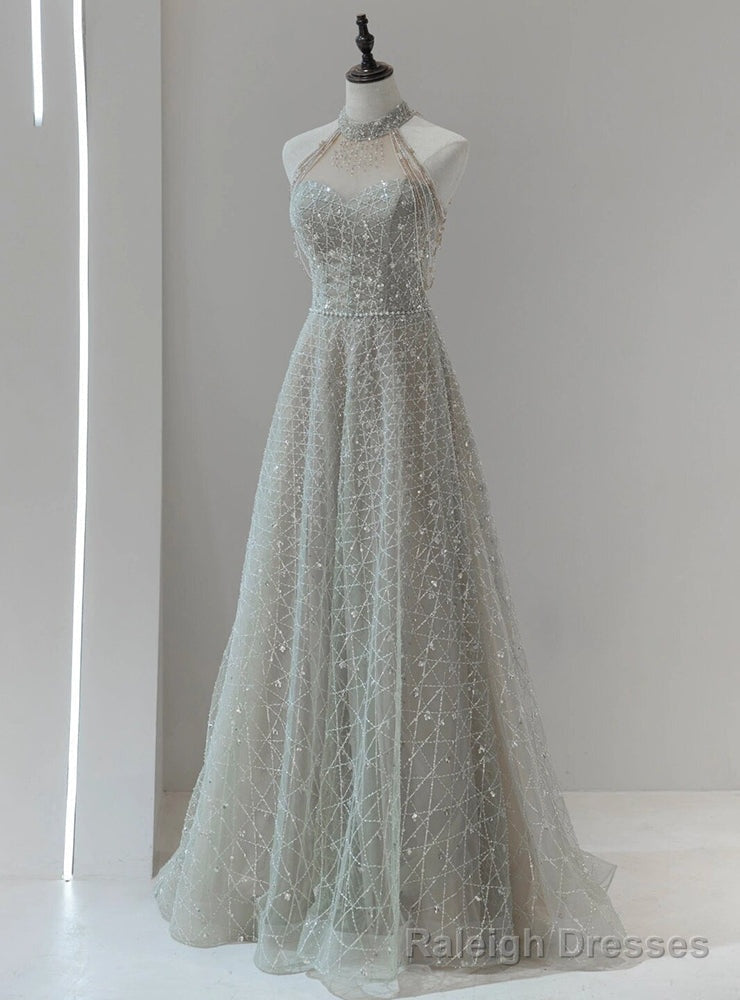 Silver Sequins Halter Beading Prom Dress Main image