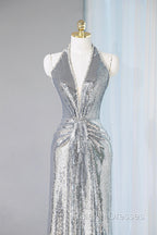 Silver Sequins Long Prom Dress, Shiny V-Neck Evening Party Dress
