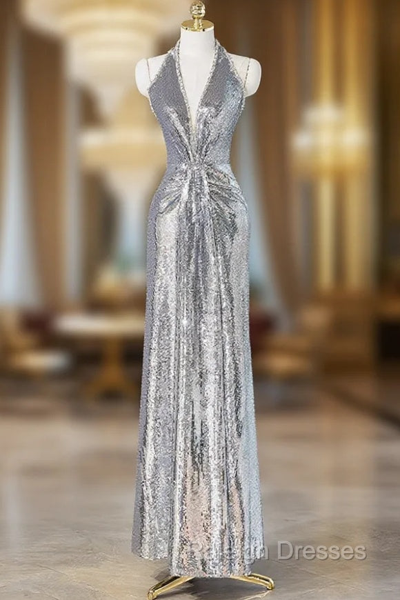 Silver Sequins Long Prom Dress, Shiny V-Neck Evening Party Dress