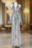 Silver Sequins Long Prom Dress, Shiny V-Neck Evening Party Dress