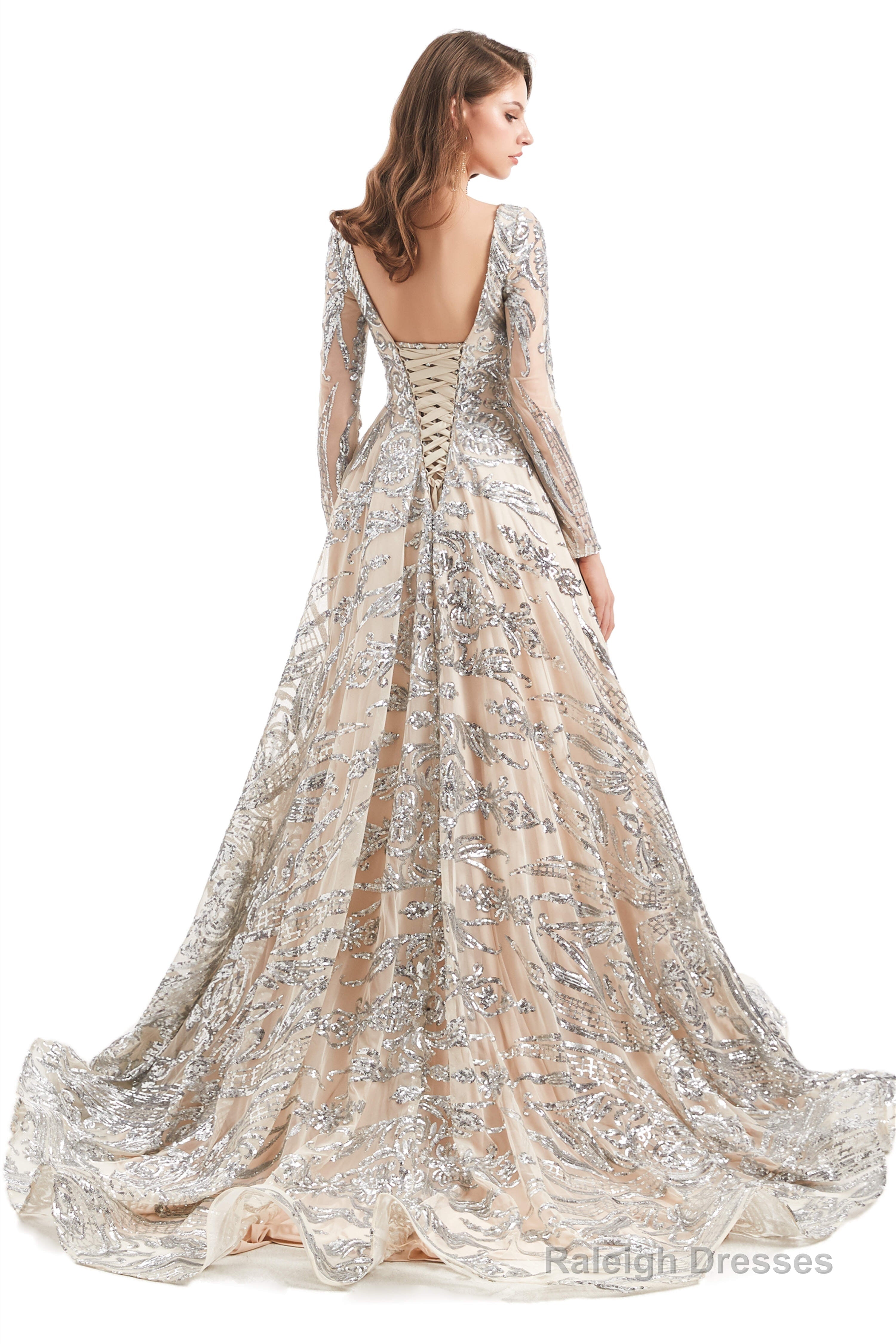 Sequins Long Sleeve Backless Prom Dresses