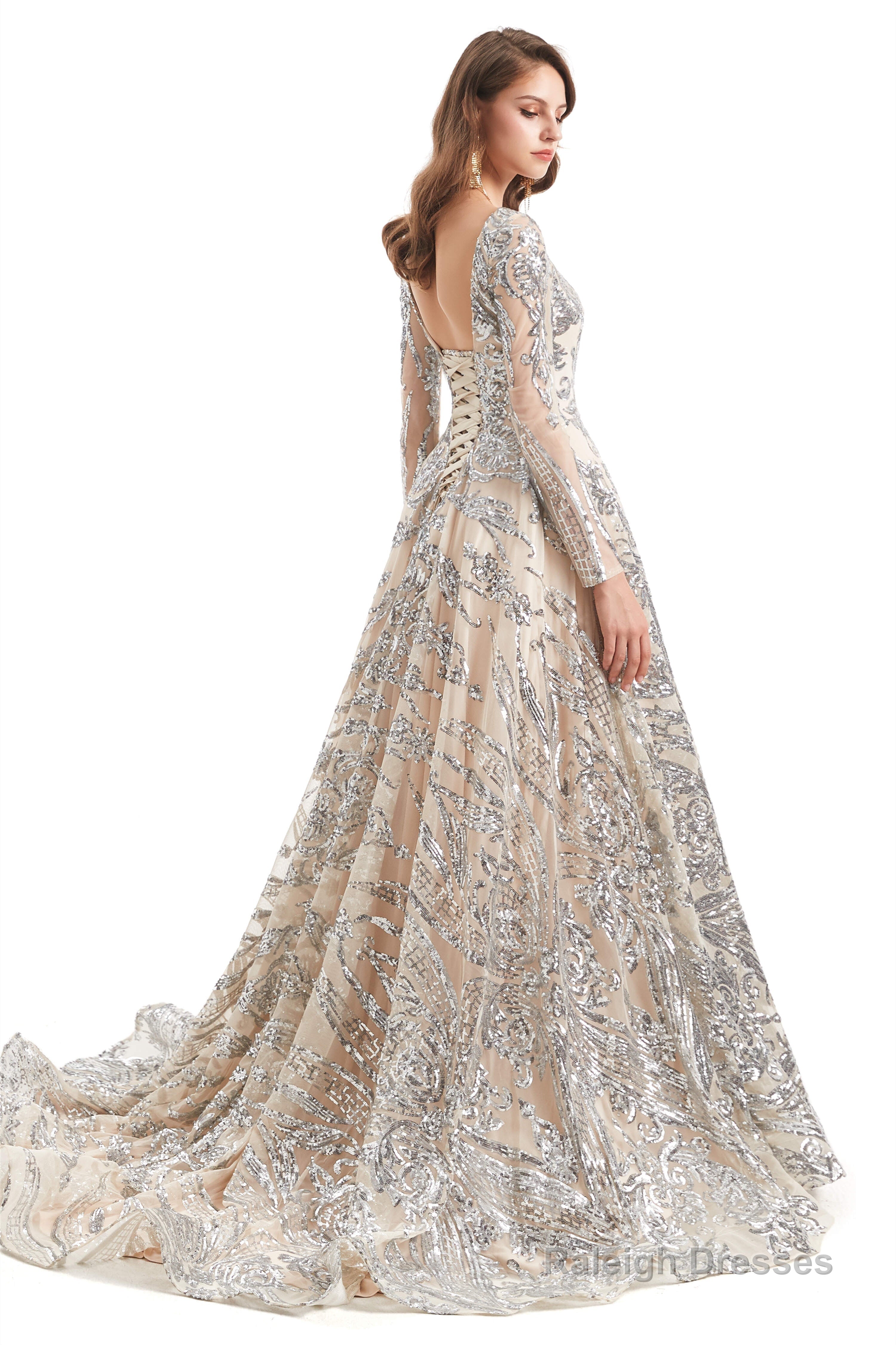 Sequins Long Sleeve Backless Prom Dresses